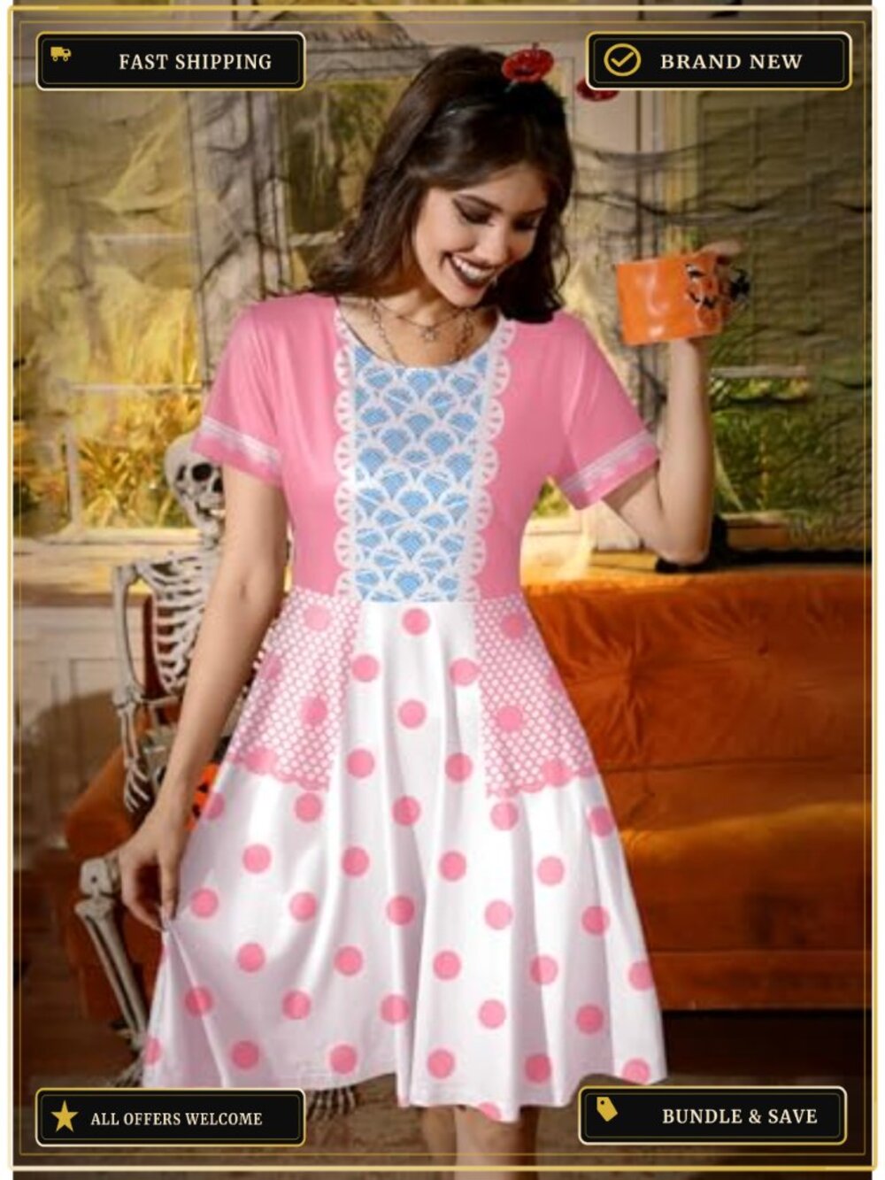 Women Halloween Short Sleeve Printed Midi Dress A-Line Party Costume - Picture 2 of 6